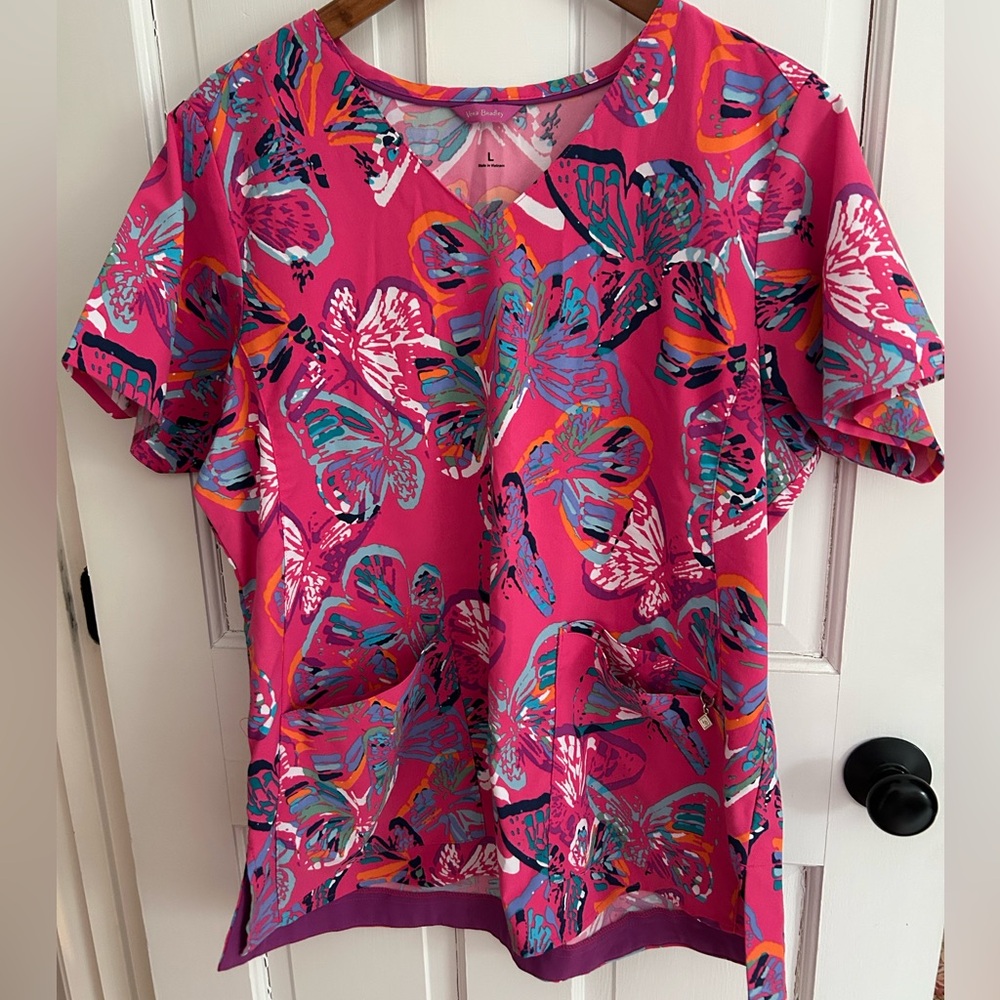 Vera Bradley Pink Multicolor Butterfly Scrub Top